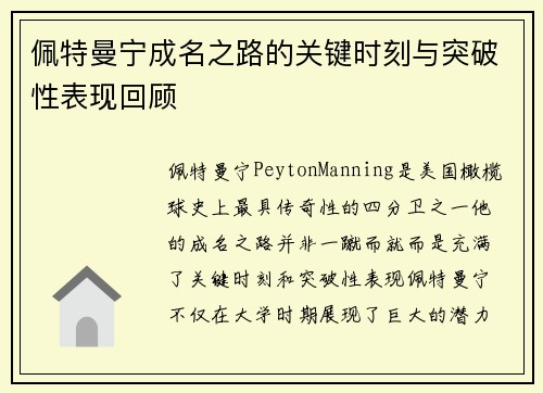 佩特曼宁成名之路的关键时刻与突破性表现回顾