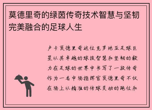 莫德里奇的绿茵传奇技术智慧与坚韧完美融合的足球人生